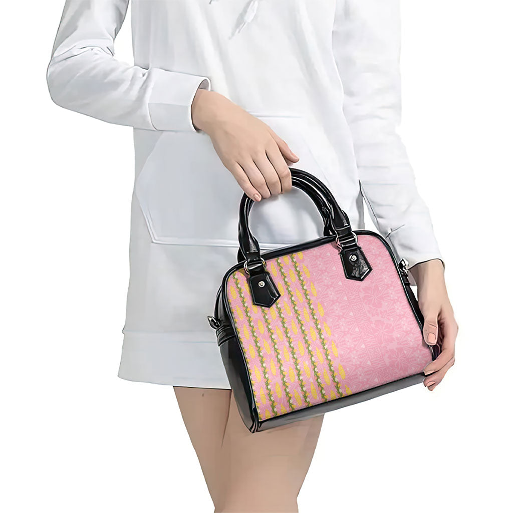 Hawaii Shell Tiare Anthurium Heliconia Lei Shoulder Handbag With Tapa Pattern Baby Pink