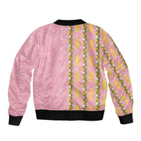 Hawaii Shell Tiare Anthurium Heliconia Lei Sleeve Zip Bomber Jacket With Tapa Pattern Baby Pink