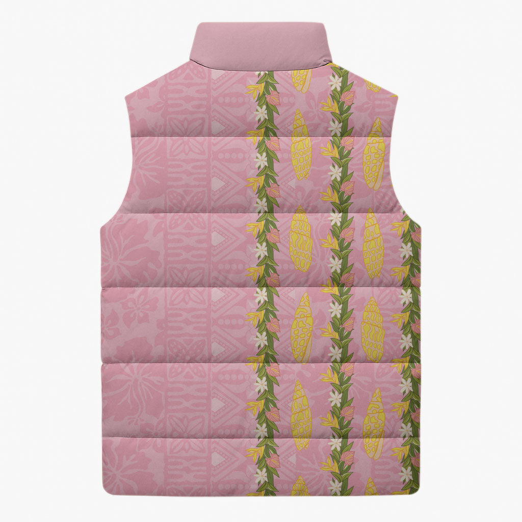 Hawaii Shell Tiare Anthurium Heliconia Lei Sleeveless Puffer Jacket With Tapa Pattern Baby Pink