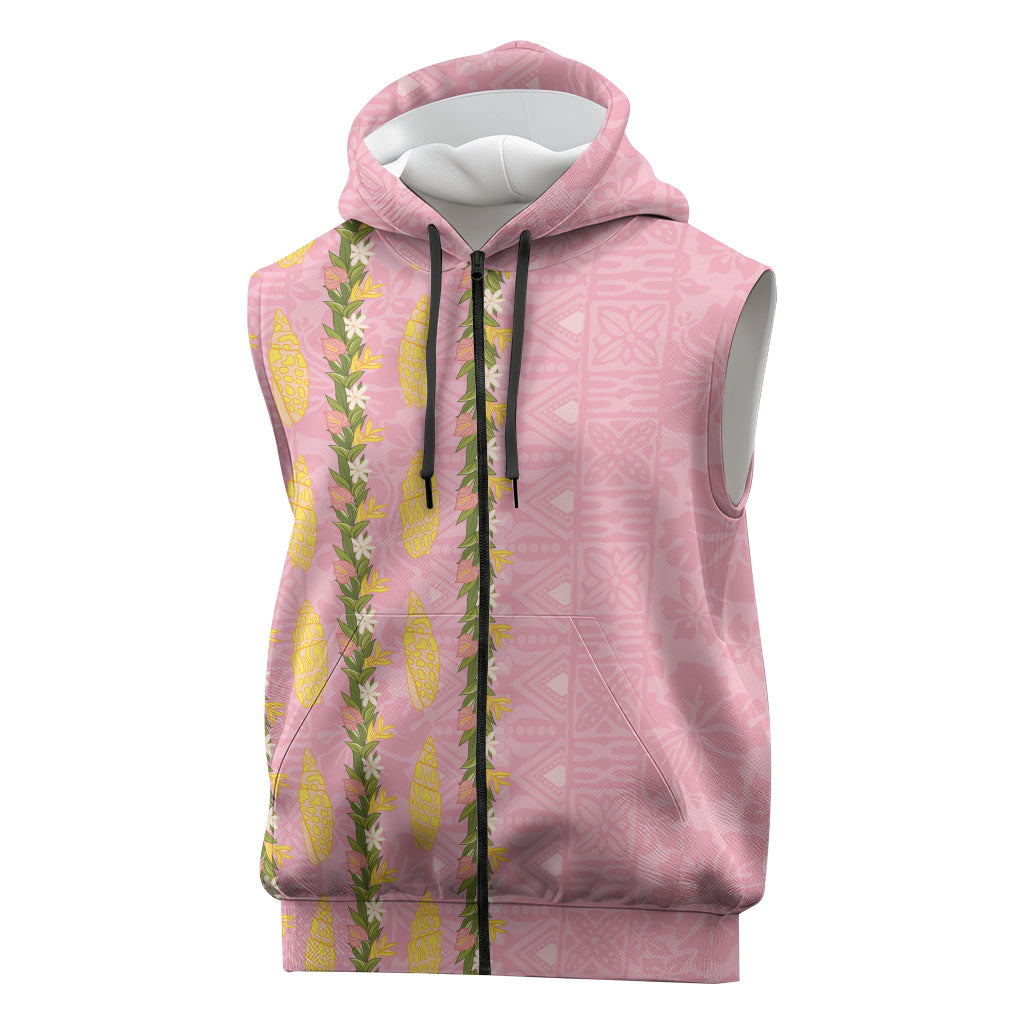 Hawaii Shell Tiare Anthurium Heliconia Lei Sleeveless Zip Hoodie With Tapa Pattern Baby Pink LT05 Pink - Polynesian Pride