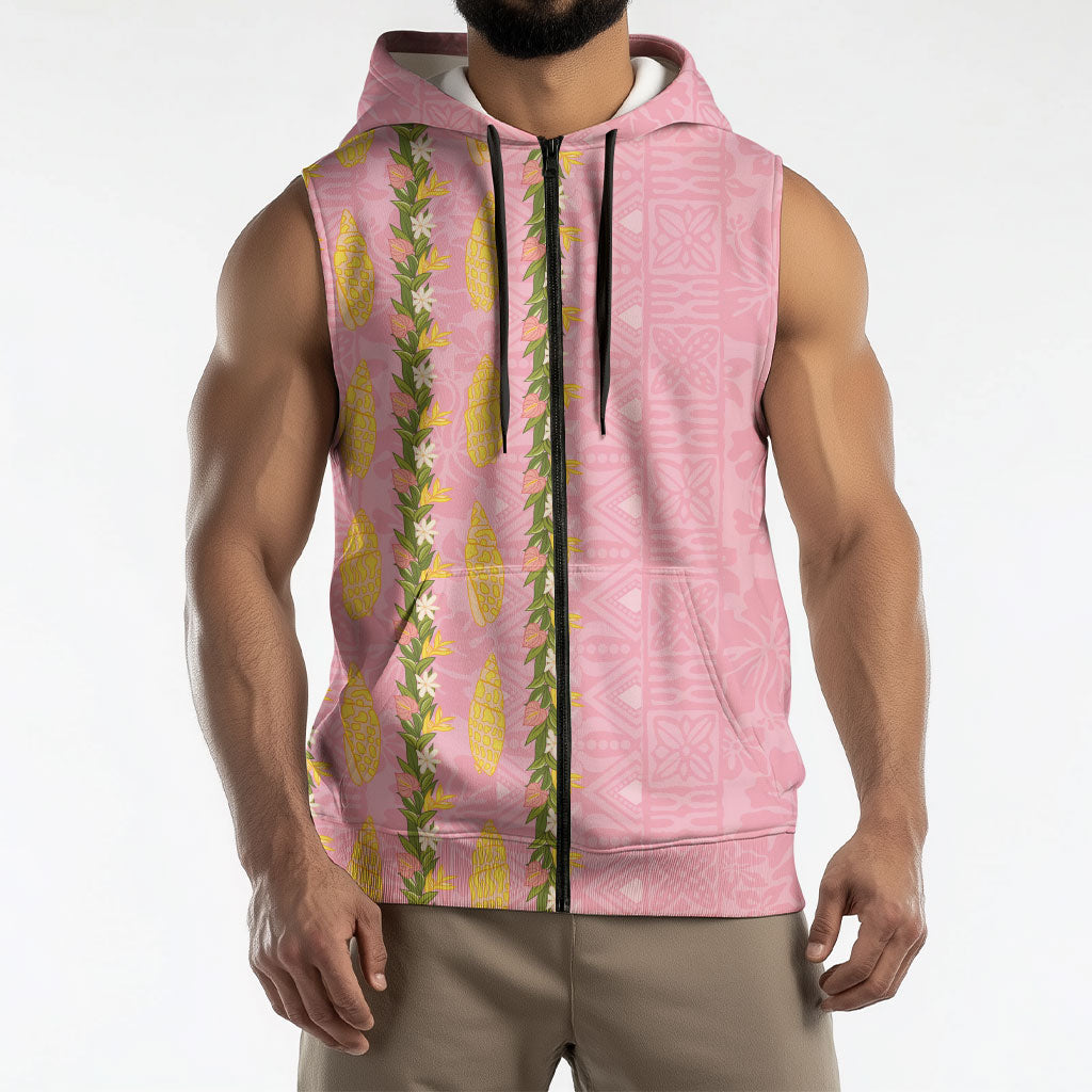 Hawaii Shell Tiare Anthurium Heliconia Lei Sleeveless Zip Hoodie With Tapa Pattern Baby Pink