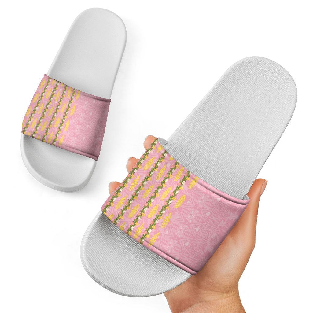 Hawaii Shell Tiare Anthurium Heliconia Lei Slide Sandals With Tapa Pattern Baby Pink