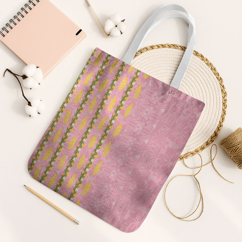 Hawaii Shell Tiare Anthurium Heliconia Lei Tote Bag With Tapa Pattern Baby Pink