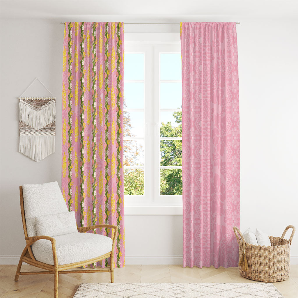 Hawaii Shell Tiare Anthurium Heliconia Lei Window Curtain With Tapa Pattern Baby Pink