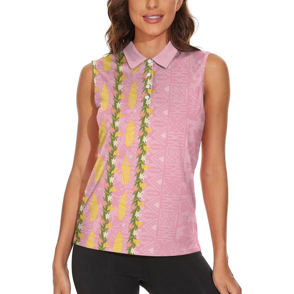 Hawaii Shell Tiare Anthurium Heliconia Lei Women Sleeveless Polo Shirt With Tapa Pattern Baby Pink