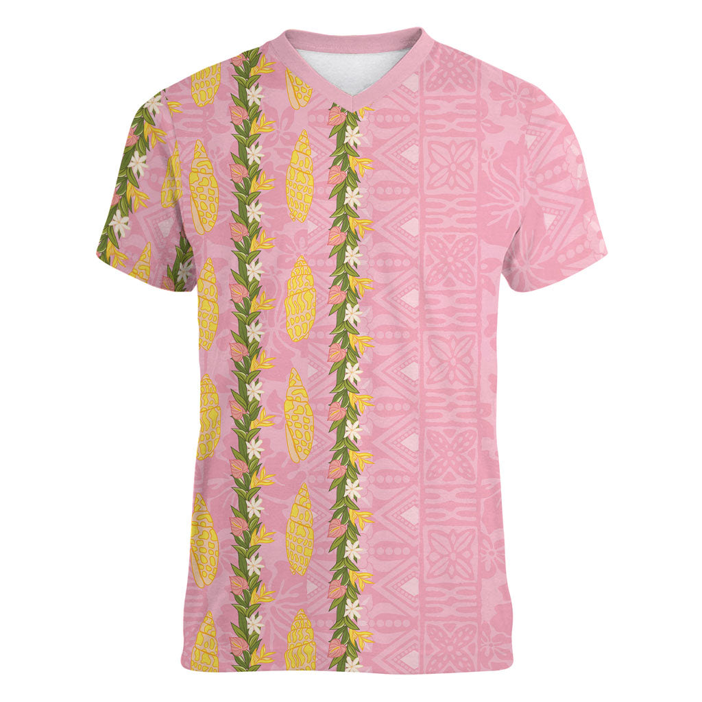 Hawaii Shell Tiare Anthurium Heliconia Lei Women V-Neck T-Shirt With Tapa Pattern Baby Pink