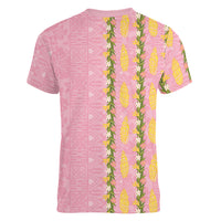 Hawaii Shell Tiare Anthurium Heliconia Lei Women V-Neck T-Shirt With Tapa Pattern Baby Pink