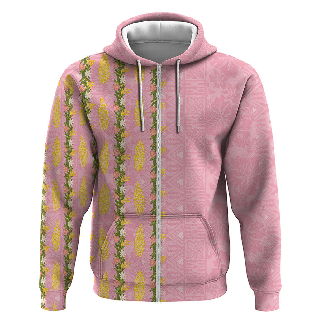 Hawaii Shell Tiare Anthurium Heliconia Lei Zip Hoodie With Tapa Pattern Baby Pink LT05 Zip Hoodie Pink - Polynesian Pride