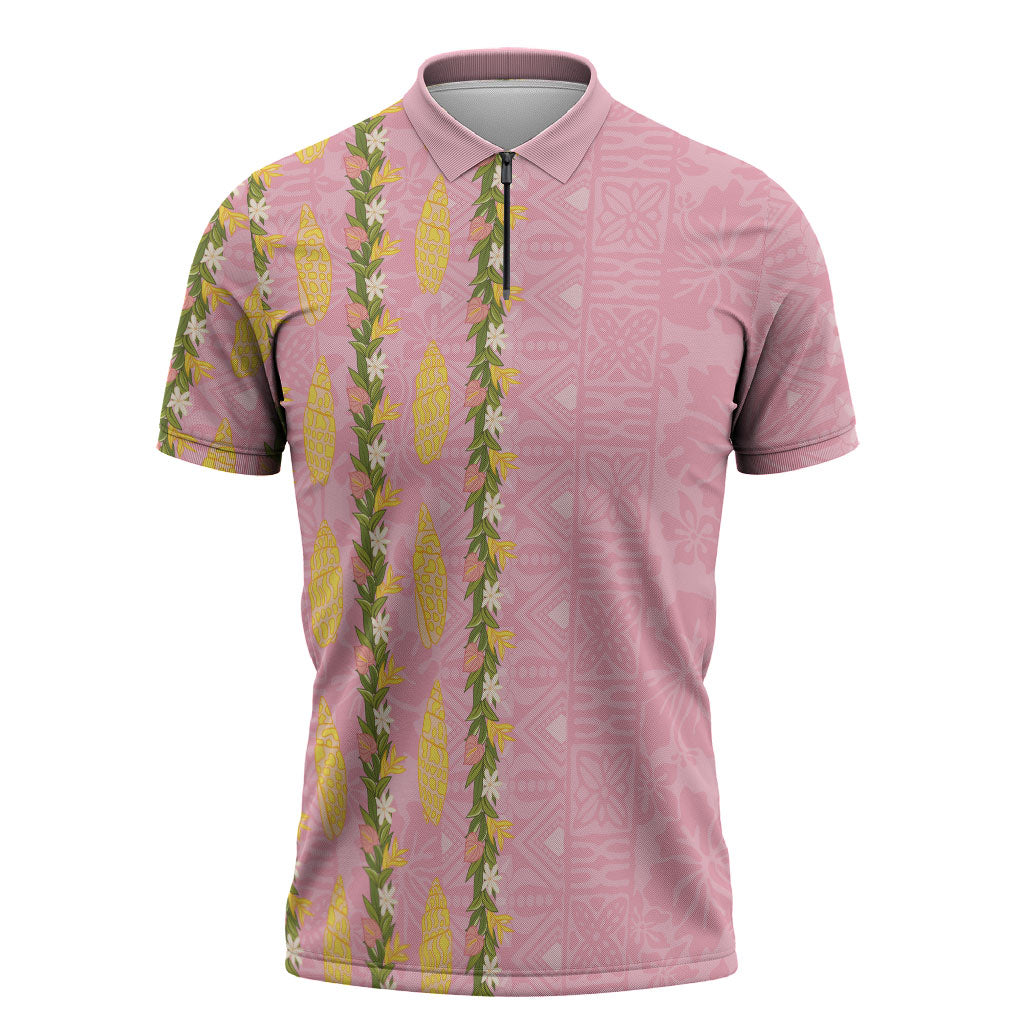 Hawaii Shell Tiare Anthurium Heliconia Lei Zipper Polo Shirt With Tapa Pattern Baby Pink LT05 Pink - Polynesian Pride