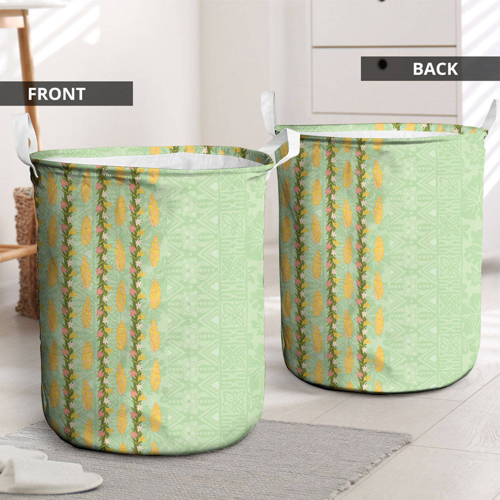Hawaii Shell Tiare Anthurium Heliconia Lei Laundry Basket With Tapa Pattern Baby Green