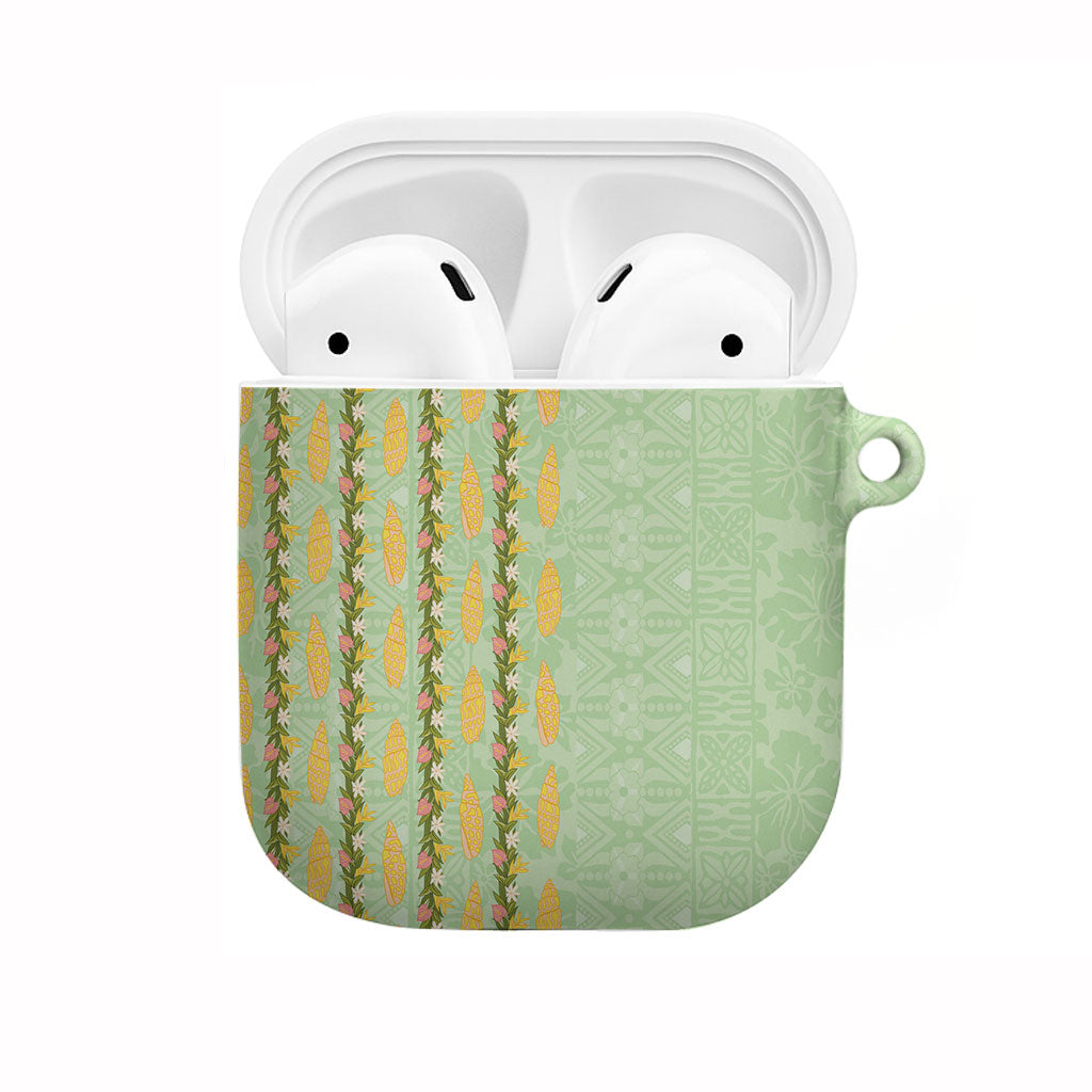 Hawaii Shell Tiare Anthurium Heliconia Lei AirPods Case With Tapa Pattern Baby Green