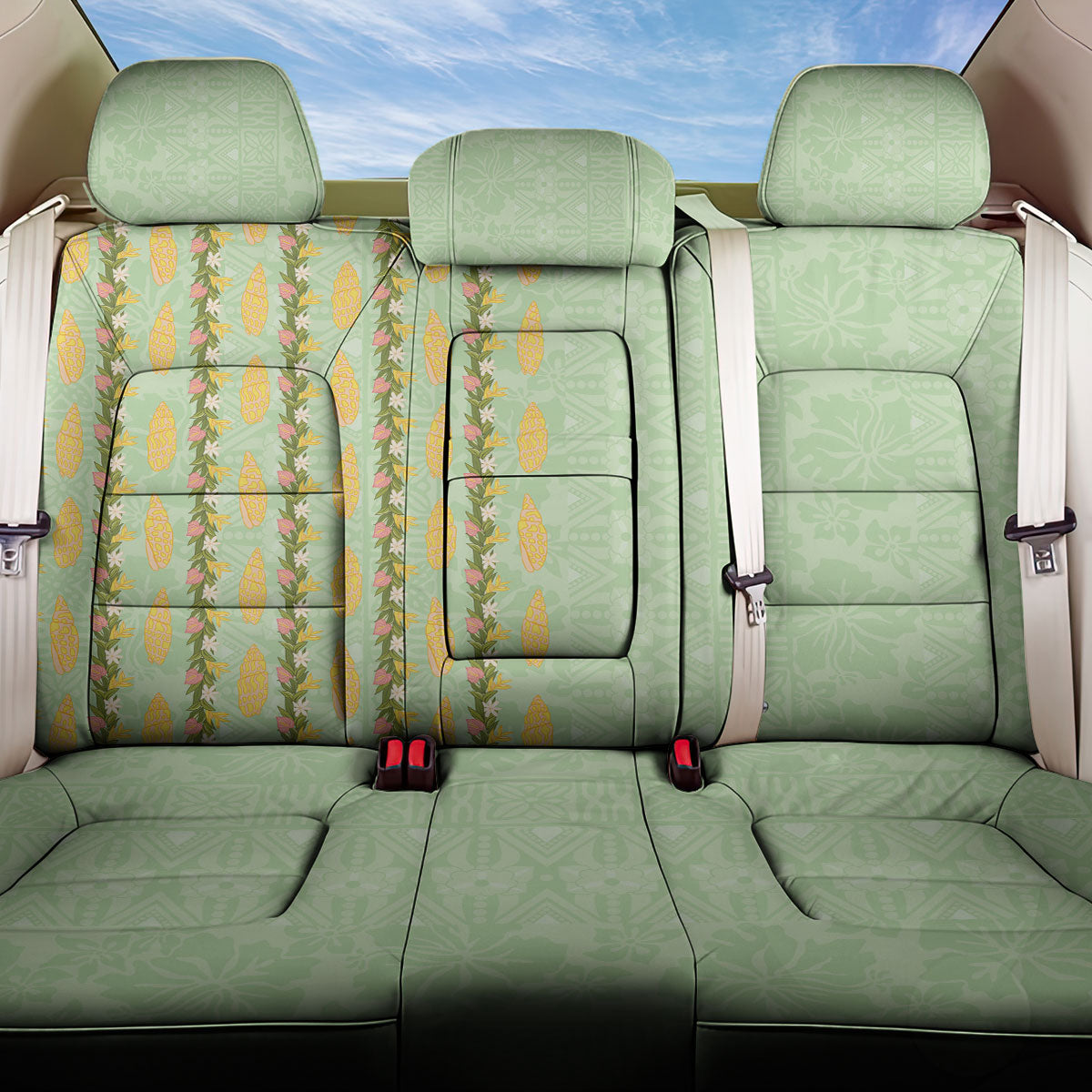 Hawaii Shell Tiare Anthurium Heliconia Lei Back Car Seat Cover With Tapa Pattern Baby Green