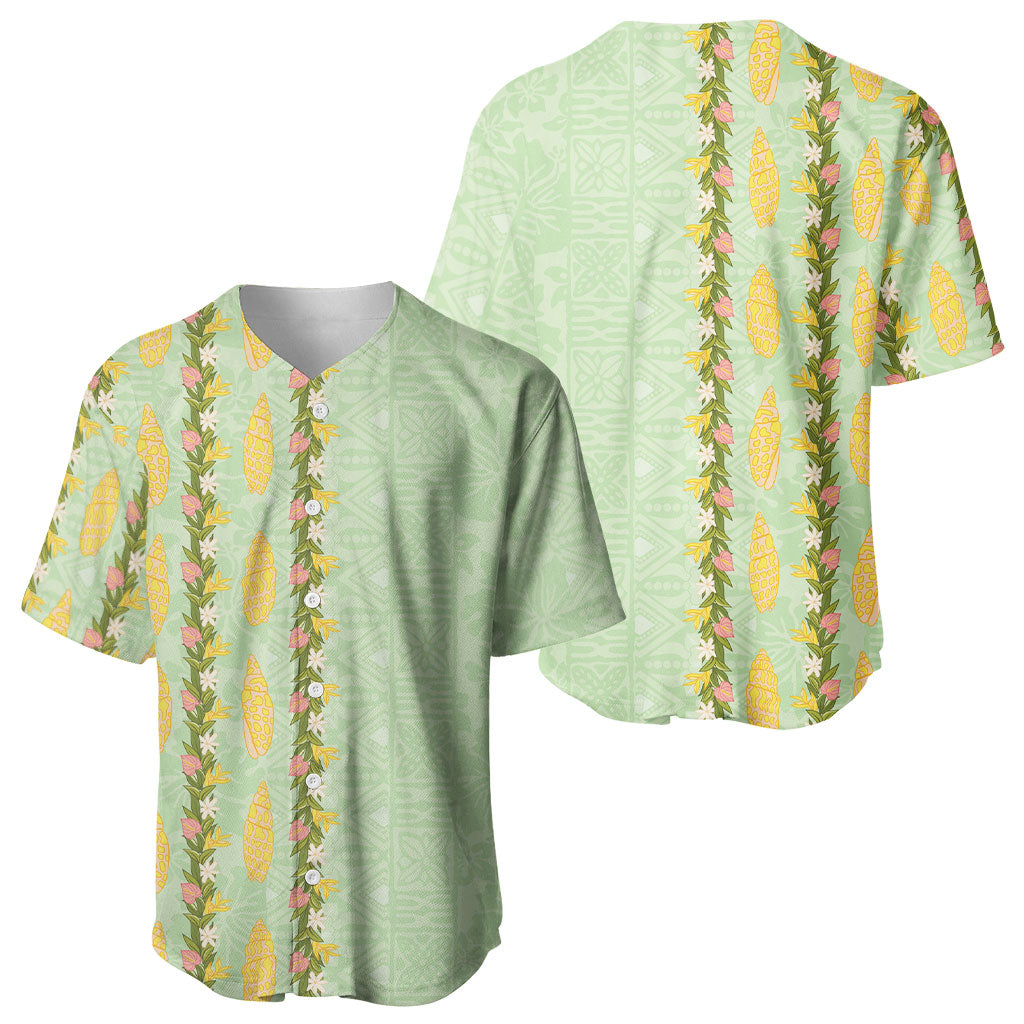 Hawaii Shell Tiare Anthurium Heliconia Lei Baseball Jersey With Tapa Pattern Baby Green