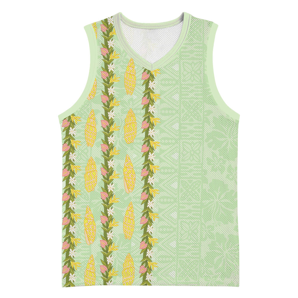 Hawaii Shell Tiare Anthurium Heliconia Lei Basketball Jersey With Tapa Pattern Baby Green LT05 Unisex Green - Polynesian Pride