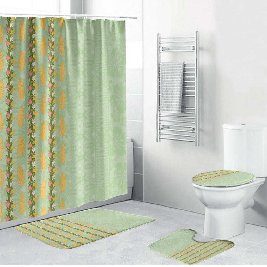 Hawaii Shell Tiare Anthurium Heliconia Lei Bathroom Set With Tapa Pattern Baby Green LT05 Bathroom Set (4 pcs) Green - Polynesian Pride