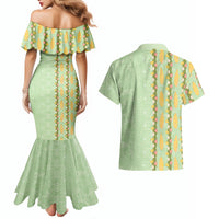 Hawaii Shell Tiare Anthurium Heliconia Lei Couples Matching Mermaid Dress and Hawaiian Shirt With Tapa Pattern Baby Green