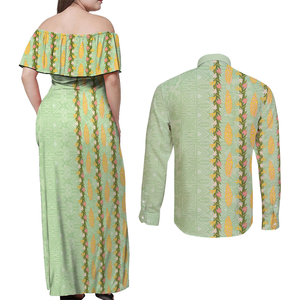 Hawaii Shell Tiare Anthurium Heliconia Lei Couples Matching Off Shoulder Maxi Dress and Long Sleeve Button Shirt With Tapa Pattern Baby Green
