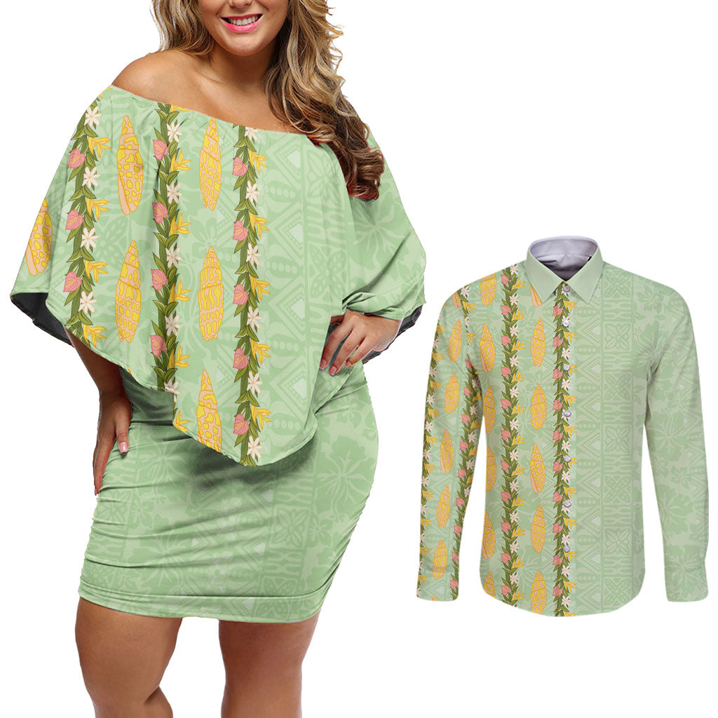 Hawaii Shell Tiare Anthurium Heliconia Lei Couples Matching Off Shoulder Short Dress and Long Sleeve Button Shirt With Tapa Pattern Baby Green LT05 Green - Polynesian Pride