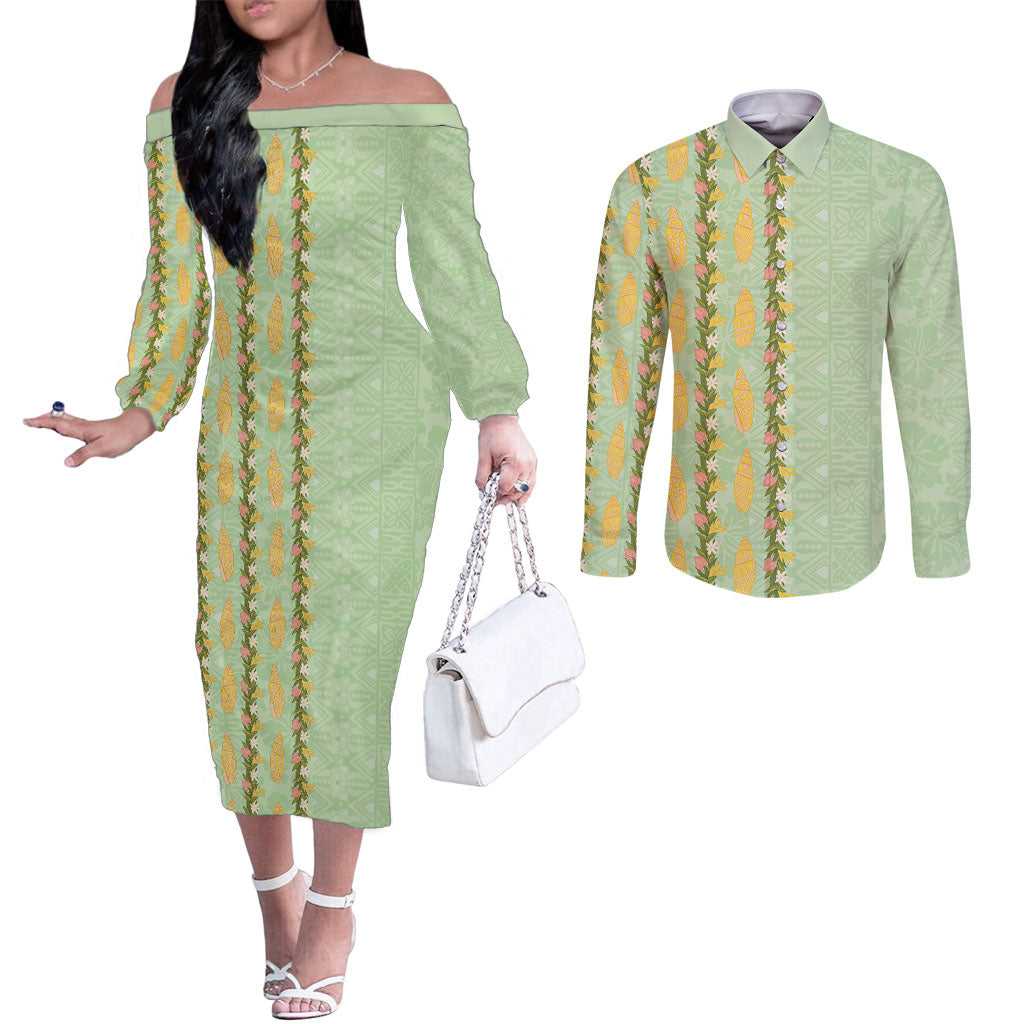 Hawaii Shell Tiare Anthurium Heliconia Lei Couples Matching Off The Shoulder Long Sleeve Dress and Long Sleeve Button Shirt With Tapa Pattern Baby Green