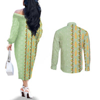 Hawaii Shell Tiare Anthurium Heliconia Lei Couples Matching Off The Shoulder Long Sleeve Dress and Long Sleeve Button Shirt With Tapa Pattern Baby Green