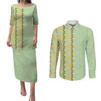Hawaii Shell Tiare Anthurium Heliconia Lei Couples Matching Puletasi and Long Sleeve Button Shirt With Tapa Pattern Baby Green