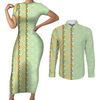Hawaii Shell Tiare Anthurium Heliconia Lei Couples Matching Short Sleeve Bodycon Dress and Long Sleeve Button Shirt With Tapa Pattern Baby Green