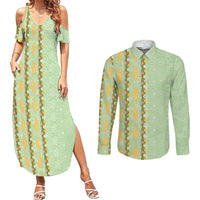 Hawaii Shell Tiare Anthurium Heliconia Lei Couples Matching Summer Maxi Dress and Long Sleeve Button Shirt With Tapa Pattern Baby Green