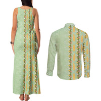 Hawaii Shell Tiare Anthurium Heliconia Lei Couples Matching Tank Maxi Dress and Long Sleeve Button Shirt With Tapa Pattern Baby Green