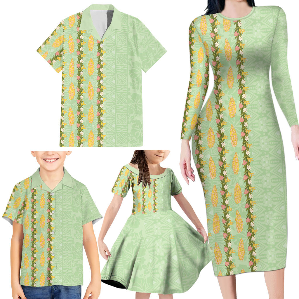 Hawaii Shell Tiare Anthurium Heliconia Lei Family Matching Long Sleeve Bodycon Dress and Hawaiian Shirt With Tapa Pattern Baby Green LT05 - Polynesian Pride