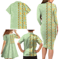 Hawaii Shell Tiare Anthurium Heliconia Lei Family Matching Long Sleeve Bodycon Dress and Hawaiian Shirt With Tapa Pattern Baby Green LT05 - Polynesian Pride
