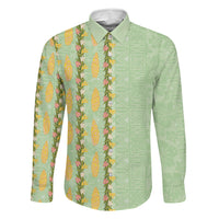 Hawaii Shell Tiare Anthurium Heliconia Lei Family Matching Long Sleeve Bodycon Dress and Hawaiian Shirt With Tapa Pattern Baby Green LT05 Dad's Shirt - Long Sleeve Green - Polynesian Pride