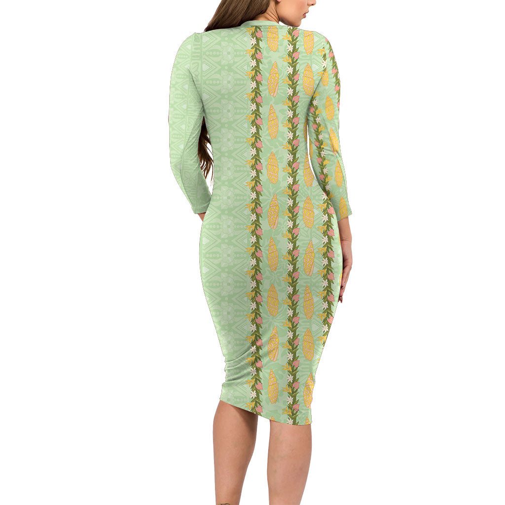 Hawaii Shell Tiare Anthurium Heliconia Lei Family Matching Long Sleeve Bodycon Dress and Hawaiian Shirt With Tapa Pattern Baby Green LT05 - Polynesian Pride