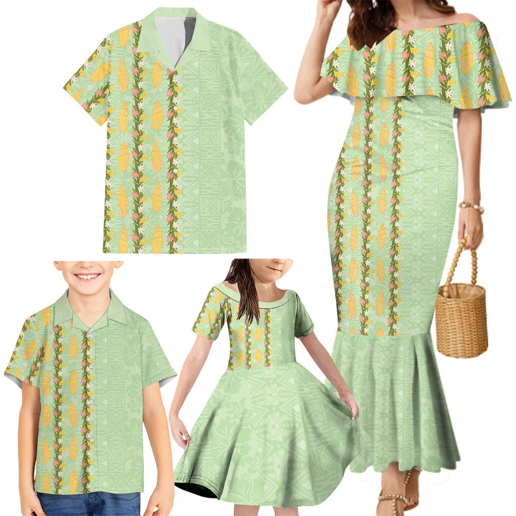 Hawaii Shell Tiare Anthurium Heliconia Lei Family Matching Mermaid Dress and Hawaiian Shirt With Tapa Pattern Baby Green LT05 - Polynesian Pride