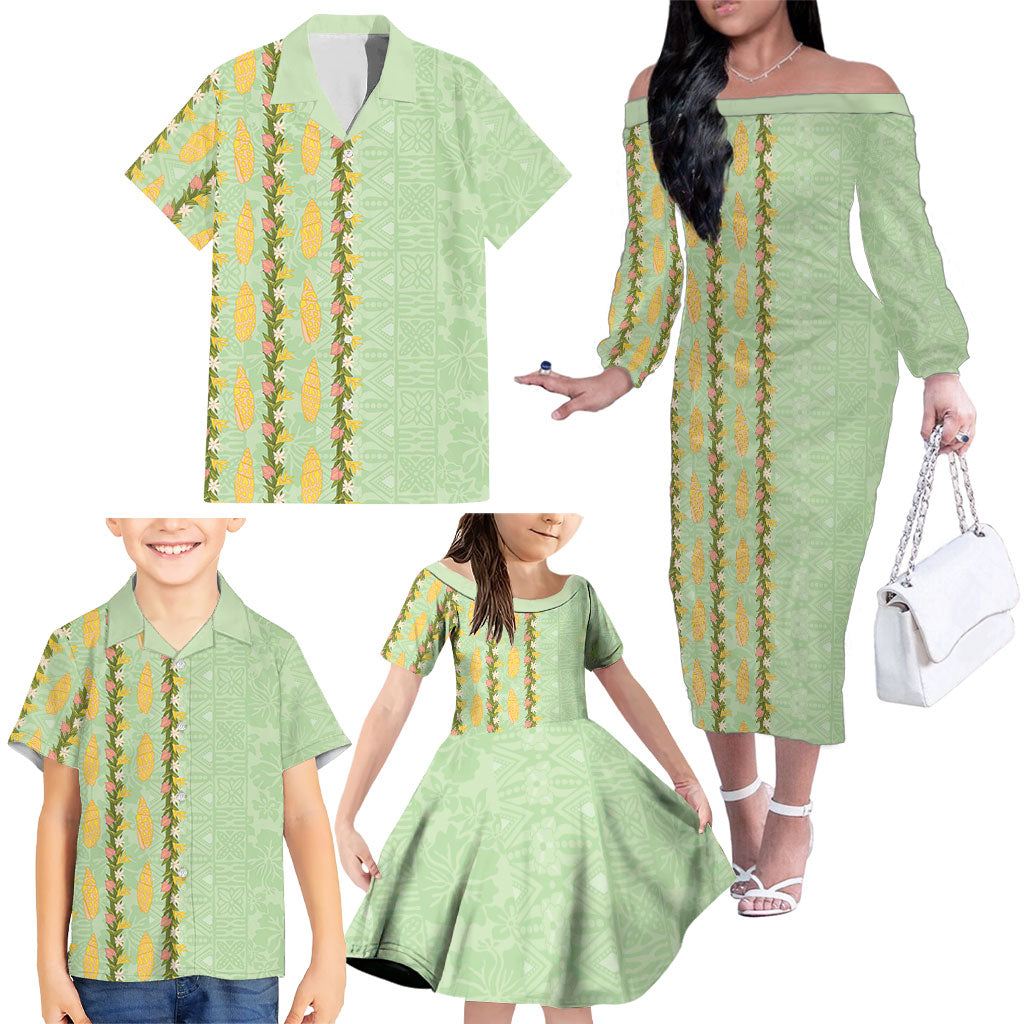 Hawaii Shell Tiare Anthurium Heliconia Lei Family Matching Off The Shoulder Long Sleeve Dress and Hawaiian Shirt With Tapa Pattern Baby Green LT05 - Polynesian Pride