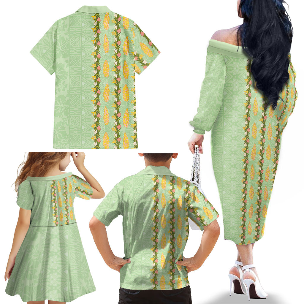Hawaii Shell Tiare Anthurium Heliconia Lei Family Matching Off The Shoulder Long Sleeve Dress and Hawaiian Shirt With Tapa Pattern Baby Green LT05 - Polynesian Pride