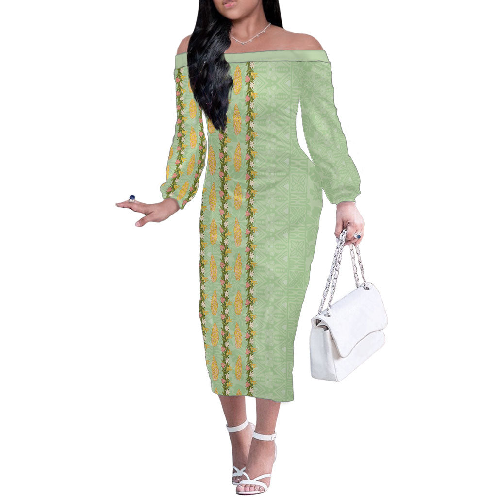 Hawaii Shell Tiare Anthurium Heliconia Lei Family Matching Off The Shoulder Long Sleeve Dress and Hawaiian Shirt With Tapa Pattern Baby Green LT05 Mom's Dress Green - Polynesian Pride