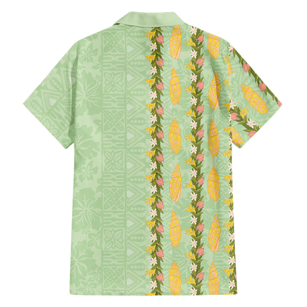 Hawaii Shell Tiare Anthurium Heliconia Lei Family Matching Off Shoulder Short Dress and Hawaiian Shirt With Tapa Pattern Baby Green