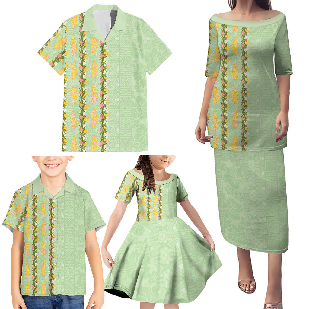 Hawaii Shell Tiare Anthurium Heliconia Lei Family Matching Puletasi and Hawaiian Shirt With Tapa Pattern Baby Green LT05 - Polynesian Pride