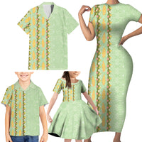 Hawaii Shell Tiare Anthurium Heliconia Lei Family Matching Short Sleeve Bodycon Dress and Hawaiian Shirt With Tapa Pattern Baby Green LT05 - Polynesian Pride
