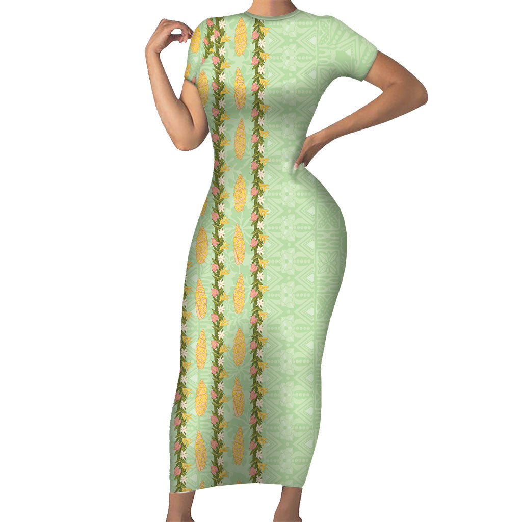 Hawaii Shell Tiare Anthurium Heliconia Lei Family Matching Short Sleeve Bodycon Dress and Hawaiian Shirt With Tapa Pattern Baby Green LT05 Mom's Dress Green - Polynesian Pride