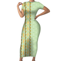 Hawaii Shell Tiare Anthurium Heliconia Lei Family Matching Short Sleeve Bodycon Dress and Hawaiian Shirt With Tapa Pattern Baby Green LT05 Mom's Dress Green - Polynesian Pride