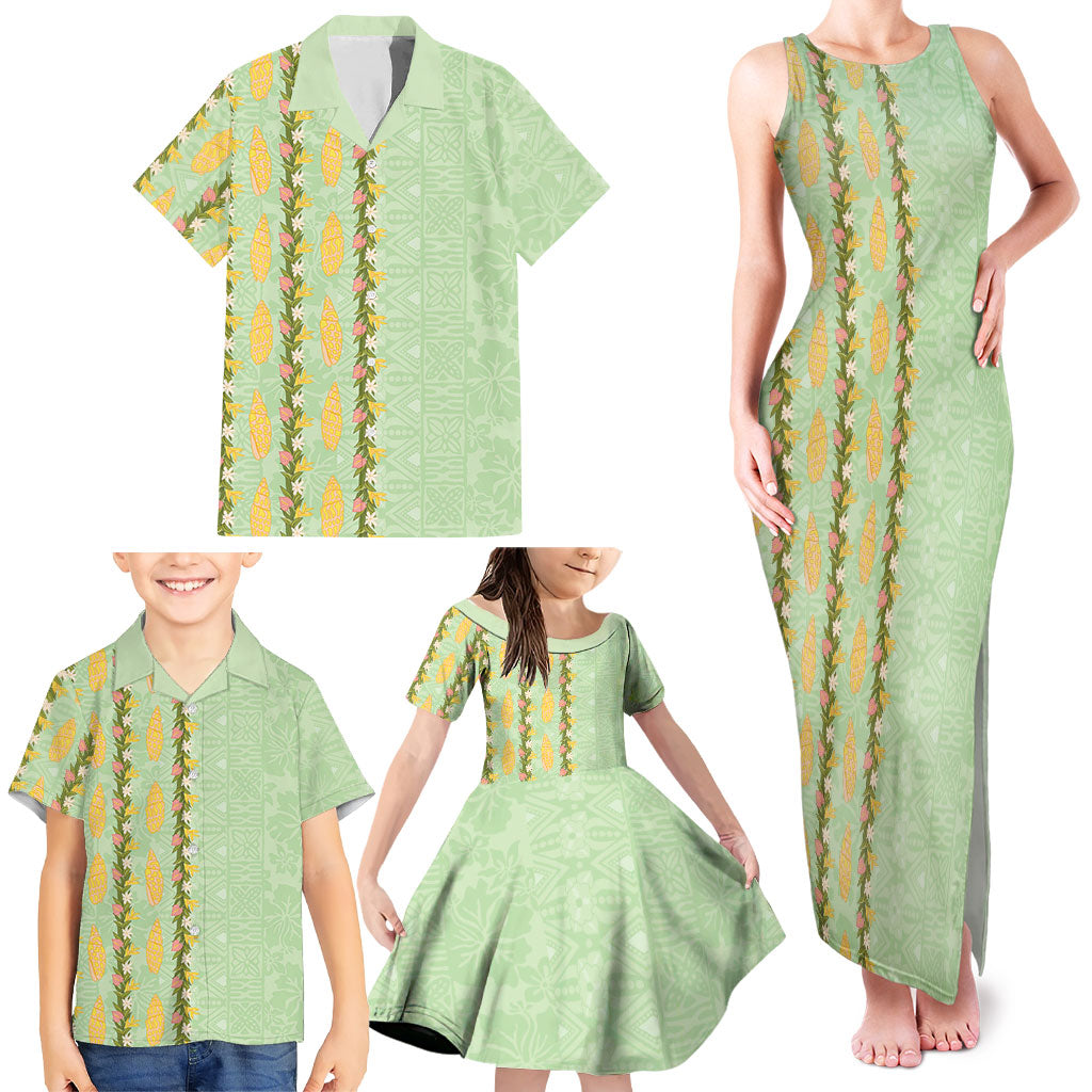 Hawaii Shell Tiare Anthurium Heliconia Lei Family Matching Tank Maxi Dress and Hawaiian Shirt With Tapa Pattern Baby Green LT05 - Polynesian Pride