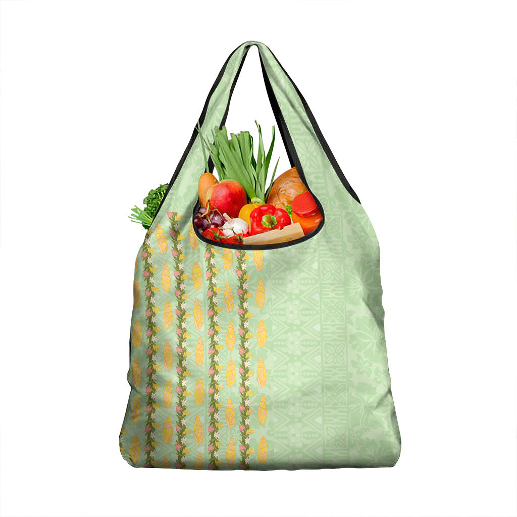 Hawaii Shell Tiare Anthurium Heliconia Lei Grocery Bag With Tapa Pattern Baby Green