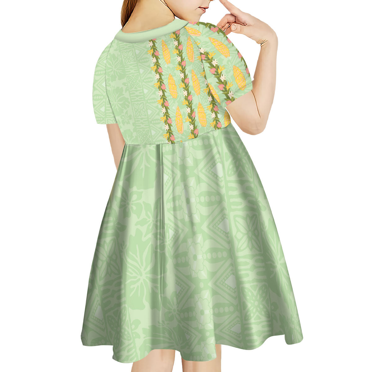 Hawaii Shell Tiare Anthurium Heliconia Lei Kid Short Sleeve Dress With Tapa Pattern Baby Green