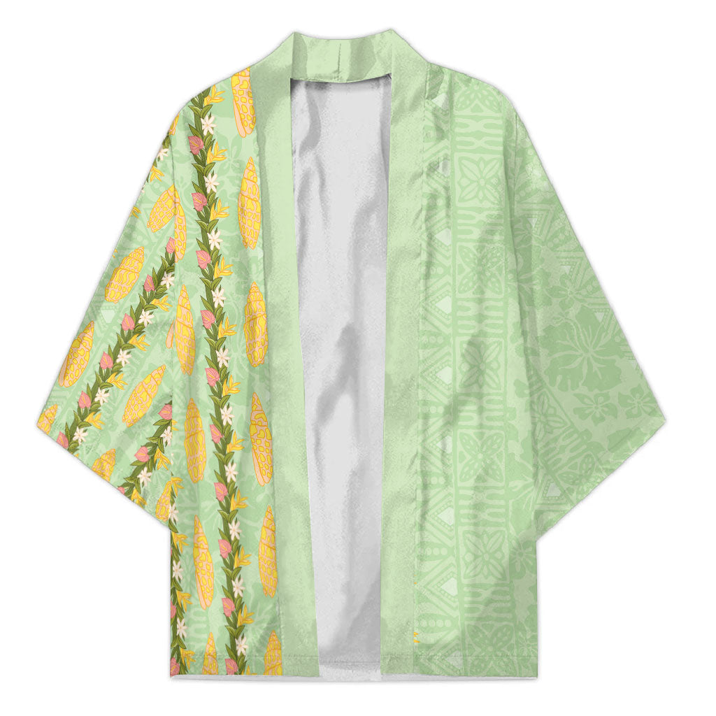 Hawaii Shell Tiare Anthurium Heliconia Lei Kimono With Tapa Pattern Baby Green