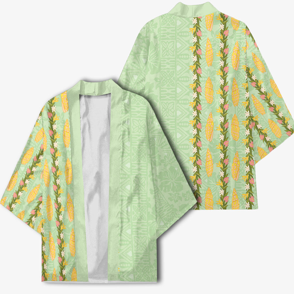 Hawaii Shell Tiare Anthurium Heliconia Lei Kimono With Tapa Pattern Baby Green