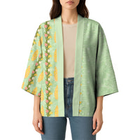 Hawaii Shell Tiare Anthurium Heliconia Lei Kimono With Tapa Pattern Baby Green