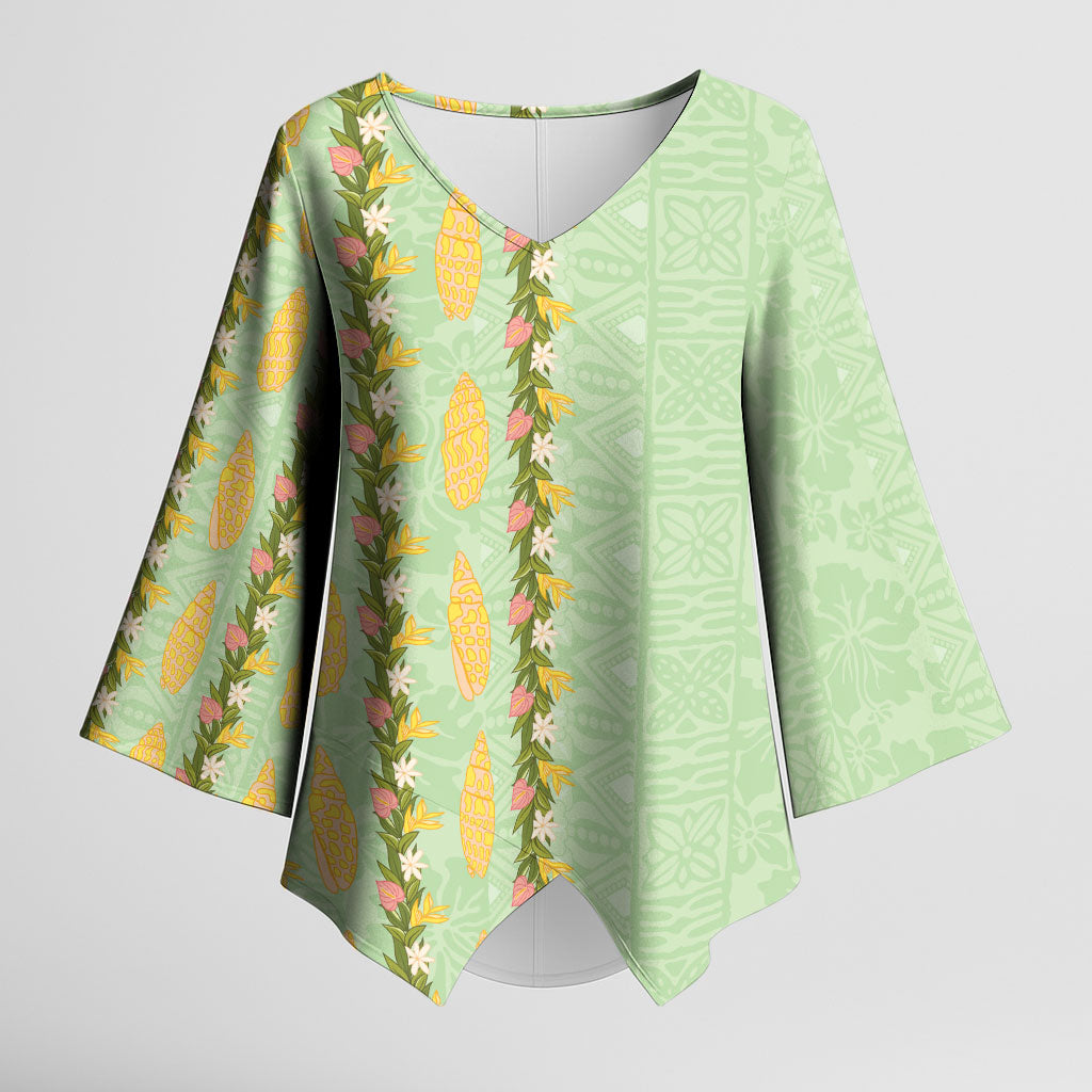 Hawaii Shell Tiare Anthurium Heliconia Lei Kimono Sleeve Blouse With Tapa Pattern Baby Green