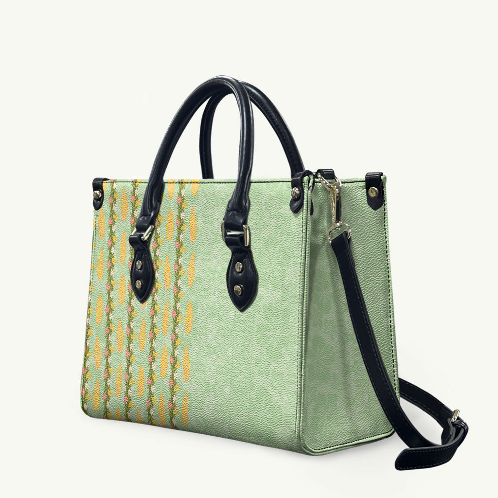 Hawaii Shell Tiare Anthurium Heliconia Lei Leather Bag With Tapa Pattern Baby Green