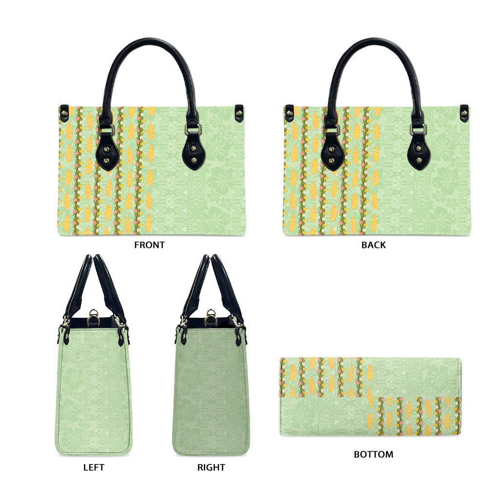 Hawaii Shell Tiare Anthurium Heliconia Lei Leather Bag With Tapa Pattern Baby Green